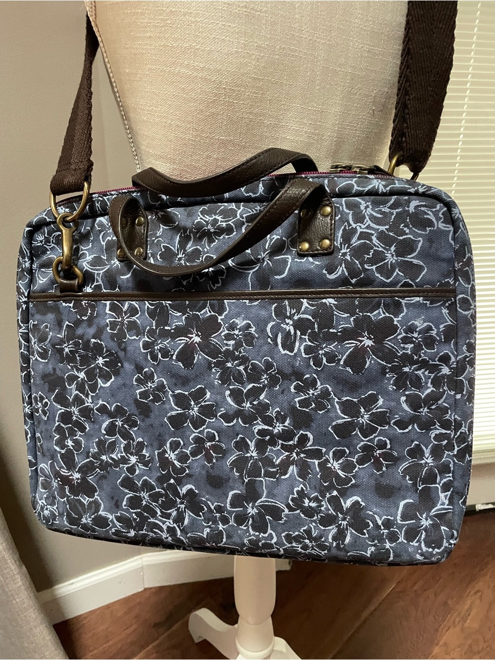 Lucky Brand Navy Floral Canvas Laptop Messenger Bag